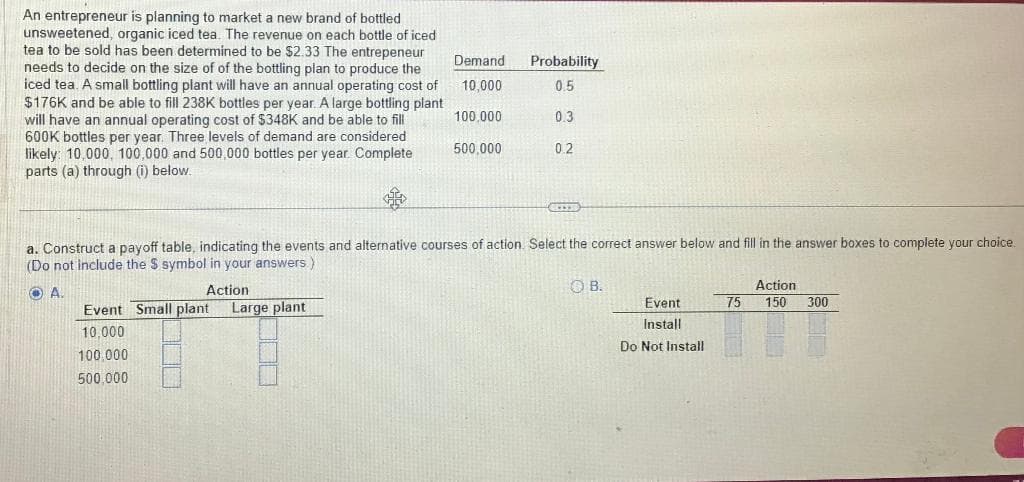 An entrepreneur is planning to market a new brand of bottled
unsweetened, organic iced tea. The revenue on each bottle of iced
tea to be sold has been determined to be $2.33 The entrepeneur
needs to decide on the size of of the bottling plan to produce the
iced tea. A small bottling plant will have an annual operating cost of
$176K and be able to fill 238K bottles per year. A large bottling plant
will have an annual operating cost of $348K and be able to fill
600K bottles per year. Three levels of demand are considered
likely: 10,000, 100,000 and 500,000 bottles per year. Complete
parts (a) through (i) below.
Demand
10,000
100,000
500,000
Event Small plant Large plant
10,000
100.000
500,000
Probability
0.5
0.3
0.2
CES
a. Construct a payoff table, indicating the events and alternative courses of action. Select the correct answer below and fill in the answer boxes to complete your choice.
(Do not include the $ symbol in your answers.)
ⒸA.
Action
OB.
Event
Install
Do Not Install
75
Action
150
300