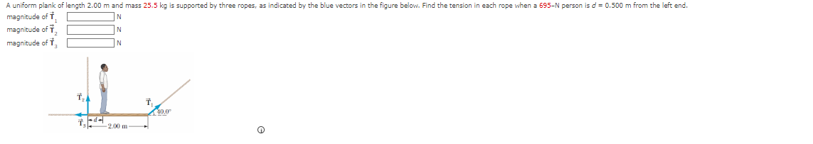 A uniform plank of length 2.00 m and mass 25.5 kg is supported by three ropes, as indicated by the blue vectors in the figure below. Find the tension in each rope when a 695-N person is d = 0.500 m from the left end.
magnitude of T
|N
IN
magnitude of T
magnitude of
N
7,144
-2.00 m
40.0
Q