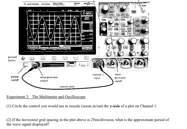 200 MH
*el Techaengias Infinivialon
MSOX 20A
Met
1
* Agtant
Meure
200
Wewelerm
001
Vwhal
OW SEZ
go-back
button
channel 1
wave
power
wave generator
input
generator
on/off
output
on/off
coaxial cable
Experiment 2: The Multimeter and Oscilloscope
(1) Circle the control you would use to rescale (zoom in/out) the y-axis of a plot on Channel 1.
(2) If the horizontal grid spacing in the plot above is 25ms/division, what is the approximate period of
the wave signal displayed?
