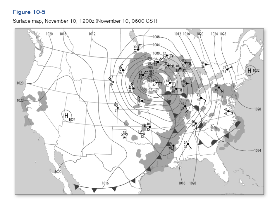 Figure 10-5
Surface map, November 10, 1200z (November 10, 0600 CST)
1020
1020
1020
1016
O
0 1020
H
1024
1012
1016
مكار
28
26
1012 1016
1020
1024 1028
-1008-
-1004.
-1000 32
996 3332
34
H 1032
97244
L42
34
32
971
1016 1020
1028
49
45
1024