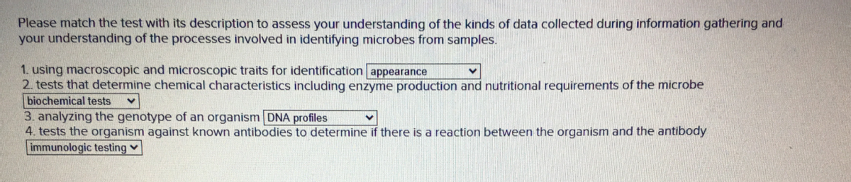 Please match the test with its description to assess your understanding of the kinds of data collected during information gathering and
your understanding of the processes involved in identifying microbes from samples.
1. using macroscopic and microscopic traits for identification appearance
2. tests that determine chemical characteristics including enzyme production and nutritional requirements of the microbe
biochemical tests
3. analyzing the genotype of an organism DNA profiles
4. tests the organism against known antibodies to determine if there is a reaction between the organism and the antibody
immunologic testing v
