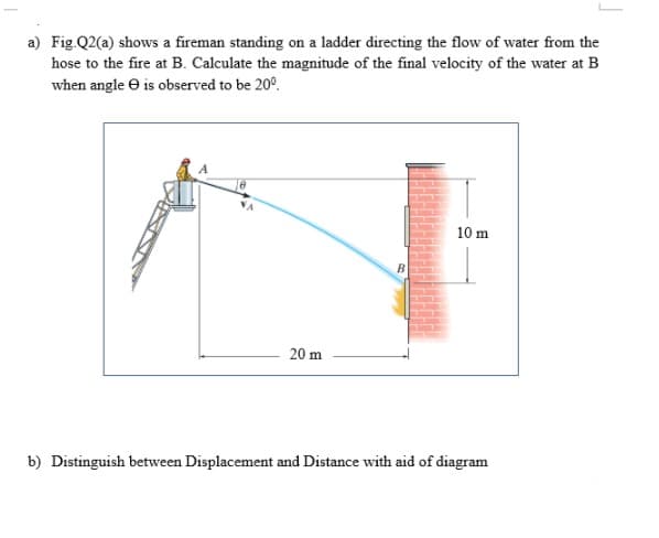 a) Fig.Q2(a) shows a fireman standing on a ladder directing the flow of water from the
hose to the fire at B. Calculate the magnitude of the final velocity of the water at B
when angle e is observed to be 20°.
10 m
B.
20 m
b) Distinguish between Displacement and Distance with aid of diagram
