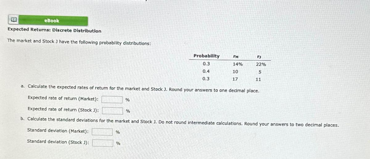 eBook
Expected Returns: Discrete Distribution
The market and Stock J have the following probability distributions:
%
%
%
Probability
0.3
0.4
0.3
a. Calculate the expected rates of return for the market and Stock J. Round your answers to one decimal place.
Expected rate of return (Market):
Expected rate of return (Stock J):
b. Calculate the standard deviations for the market and Stock J. Do not round intermediate calculations. Round your answers to two decimal places.
Standard deviation (Market):
Standard deviation (Stock J):
%
ги
14%
10
17
rj
22%
5
11