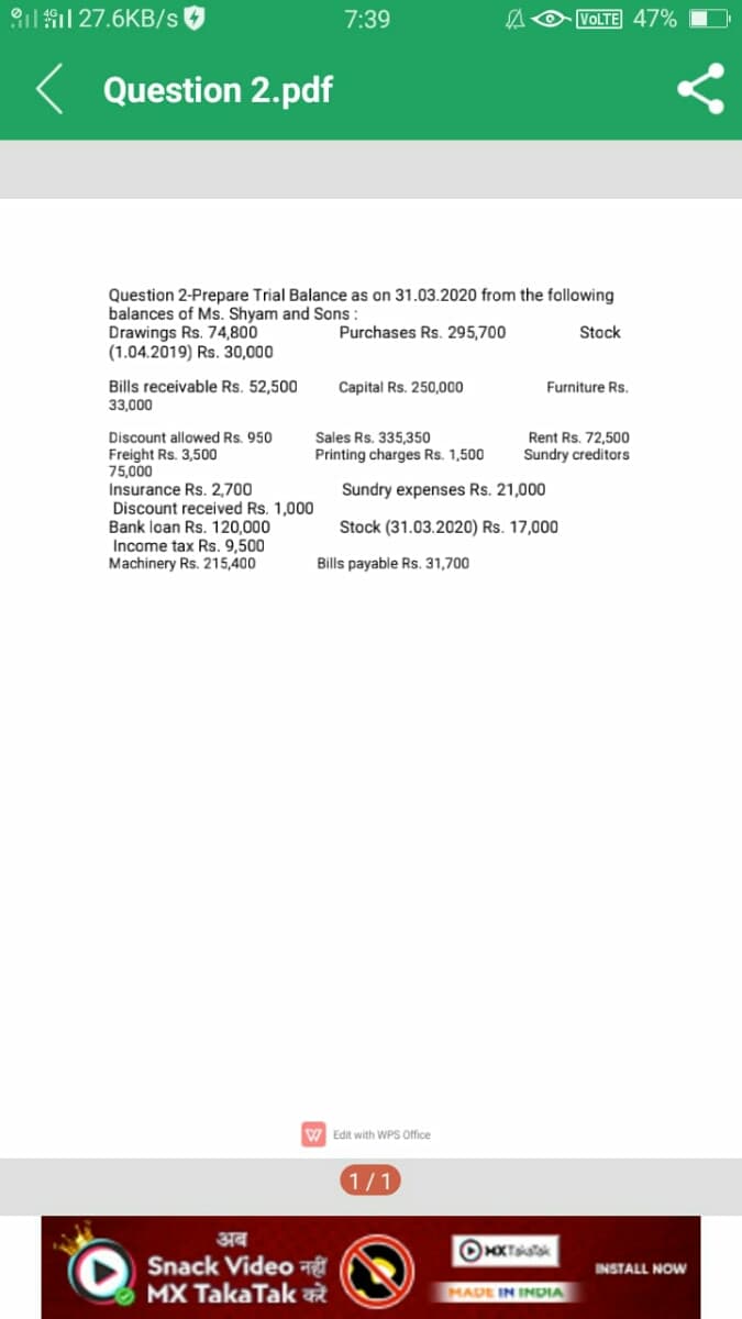 il il 27.6KB/s
7:39
VOLTE 47%
Question 2.pdf
Question 2-Prepare Trial Balance as on 31.03.2020 from the following
balances of Ms. Shyam and Sons :
Drawings Rs. 74,800
(1.04.2019) Rs. 30,000
Purchases Rs. 295,700
Stock
Bills receivable Rs. 52,500
33,000
Capital Rs. 250,000
Furniture Rs.
Rent Rs. 72,500
Sundry creditors
Discount allowed Rs. 950
Sales Rs. 335,350
Freight Rs. 3,500
75,000
Insurance Rs. 2,700
Discount received Rs
Bank loan Rs. 120,000
Income tax Rs. 9,500
Machinery Rs. 215,400
Printing charges Rs. 1,500
Sundry expenses Rs. 21,000
Stock (31.03.2020) Rs. 17,000
Bills payable Rs. 31,700
W Edit with WPS Office
1/1
अब
Snack Video T
MX TakaTak
INSTALL NOW
MADE IN INDIA
