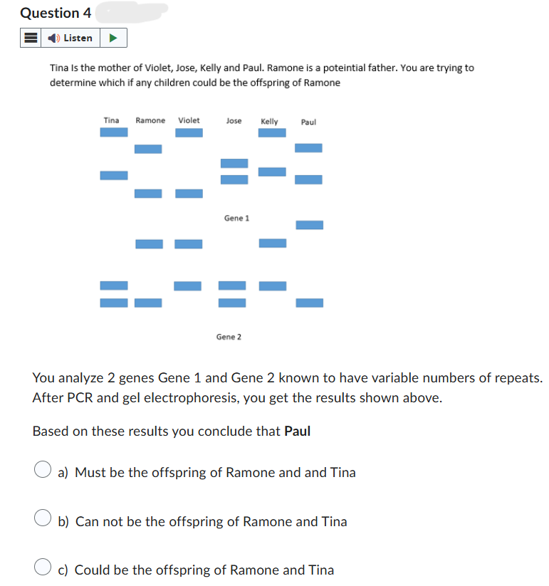 Question 4
Listen
Tina Is the mother of Violet, Jose, Kelly and Paul. Ramone is a potential father. You are trying to
determine which if any children could be the offspring of Ramone
Tina Ramone Violet
Jose
Kelly
Paul
=-
==
Gene 1
Gene 2
You analyze 2 genes Gene 1 and Gene 2 known to have variable numbers of repeats.
After PCR and gel electrophoresis, you get the results shown above.
Based on these results you conclude that Paul
a) Must be the offspring of Ramone and and Tina
b) Can not be the offspring of Ramone and Tina
c) Could be the offspring of Ramone and Tina