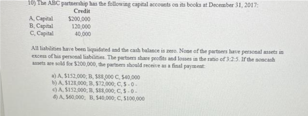 10) The ABC partnership has the following capital accounts on its books at December 31, 2017:
Credit
$200,000
120,000
40,000
A, Capital
B, Capital
C, Capital
All liabilities have been liquidated and the cash balance is zero. None of the partners have personal assets in
excess of his personal liabilities. The partners share profits and losses in the ratio of 3:2:5. If the noncash
assets are sold for $200,000, the partners should receive as a final payment:
a) A, $152,000, B, $88,000 C, $40,000
b) A, $128,000, B, $72,000; C, $-0-
c) A. $152,000; B, $88,000, C, $-0-
d) A, $60,000; B, $40,000; C, $100,000