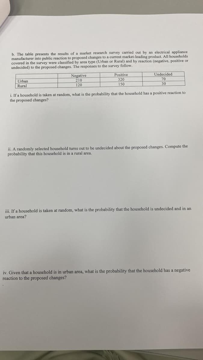b. The table presents the results of a market research survey carried out by an electrical appliance
manufacturer into public reaction to proposed changes to a current market-leading product. All households
covered in the survey were classified by area type (Urban or Rural) and by reaction (negative, positive or
undecided) to the proposed changes. The responses to the survey follow.
Urban
Rural
Negative
210
120
Positive
320
150
Undecided
70
30
i. If a household is taken at random, what is the probability that the household has a positive reaction to
the proposed changes?
ii. A randomly selected household turns out to be undecided about the proposed changes. Compute the
probability that this household is in a rural area.
iii. If a household is taken at random, what is the probability that the household is undecided and in an
urban area?
iv. Given that a household is in urban area, what is the probability that the household has a negative
reaction to the proposed changes?