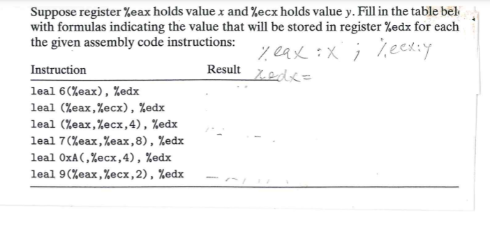 Suppose register %eax holds value x and %ecx holds value y. Fill in the table bel
with formulas indicating the value that will be stored in register %edx for each
the given assembly code instructions:
% eax :X ; .eex:y
Result Zedx=
Instruction
leal 6(%eax), %edx
leal (%eax,%ecx), %edx
leal (%eax,%ecx,4), %edx
leal 7(%eax,%eax,8), %edx
leal OxA(,%ecx,4), %edx
leal 9(%eax,%ecx,2), %edx
