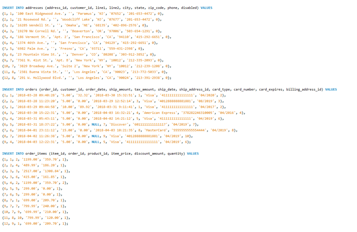 INSERT INTO addresses (address_id, customer_id, linel, line2, city, state, zip_code, phone, disabled) VALUES
(1, 1, '100 East Ridgewood Ave.', '', 'Paramus', 'NJ', '07652', '201-653-4472', 0),
(2, 1, '21 Rosewood Rd.', '', 'Woodcliff Lake', 'NJ', '07677', '201-653-4472', 0),
(3, 2, '16285 Wendell St.', '', 'Omaha', 'NE', '68135', '402-896-2576', 0),
(4, 3, '19270 NW Cornell Rd.',
'Beaverton', 'OR', '97006', '503-654-1291', 0),
(5, 4, '186 Vermont St.', 'Apt. 2', 'San Francisco', 'CA', '94110', '415-292-6651', 0),
(6, 4, '1374 46th Ave.', '', 'San Francisco', 'CA', '94129', '415-292-6651', 0),
(7, 5, '6982 Palm Ave.', '', 'Fresno', 'CA', '93711', '559-431-2398', 0),
(8, 6, 23 Mountain View St.',
'Denver', 'CO', '80208', '303-912-3852', 0),
(9, 7, '7361 N. 41st St.', 'Apt. B', 'New York', 'NY', '10012', '212-335-2093', 0),
(10, 7, 13829 Broadway Ave.', 'Suite 2', 'New York', 'NY', '10012', '212-239-1208', 0),
(11, 8, 2381 Buena Vista St.', '', 'Los Angeles', 'CA', '90023', '213-772-5033', 0),
(12, 8, '291 W. Hollywood Blvd.', '', 'Los Angeles', 'CA', '90024', '213-391-2938', 0);
INSERT INTO orders (order_id, customer_id, order_date, ship_amount, tax_amount, ship_date, ship_address_id, card_type, card_number, card_expires, billing_address_id) VALUES
(1, 1, '2018-03-28 09:40:28', '5.00', '32.32', '2018-03-30 15:32:51', 1, 'Visa', '4111111111111111', '04/2020', 2),
(2, 2, '2018-03-28 11:23:20', '5.00', '0.00', '2018-03-29 12:52:14', 3, 'Visa', '4012888888881881', '08/2019', 3),
(3, 1, '2018-03-29 09:44:58', '10.00', '89.92', '2018-03-31 9:11:41', 1, 'Visa', '4111111111111111', '04/2017', 2),
(4, 3, '2018-03-30 15:22:31', '5.00', '0.00', '2018-04-03 16:32:21', 4, 'American Express', '378282246310005', '04/2016', 4),
(5, 4, '2018-03-31 05:43:11', '5.00', '0.00', '2018-04-02 14:21:12', 5, 'Visa', '4111111111111111', '04/2019', 6),
(6, 5, '2018-03-31 18:37:22', '5.00', '0.00', NULL, 7, 'Discover', '6011111111111117', '04/2019', 7),
(7, 6, '2018-04-01 23:11:12', '15.00', '0.00', '2018-04-03 10:21:35', 8, 'MasterCard', '5555555555554444', '04/2019', 8),
(8, 7, '2018-04-02 11:26:38', '5.00', '0.00', NULL, 9, 'Visa', '4012888888881881', '04/2019', 10),
(9, 4, '2018-04-03 12:22:31', '5.00', '0.00', NULL, 5, 'Visa', '4111111111111111', '04/2019', 6);
INSERT INTO order_items (item_id, order_id, product_id, item_price, discount_amount, quantity) VALUES
(1, 1, 2, '1199.00', '359.70', 1),
(2, 2, 4, 489.99', '186.20', 1),
(3, 3, 3, 2517.00', '1308.84', 1),
(4, 3, 6, 415.00', '161.85', 1),
(5, 4, 2, '1199.00', '359.70', 2),
(6, 5, 5, '299.00', '0.00', 1),
(7, 6, 5, '299.00', '0.00', 1),
(8, 7, 1, '699.00', '209.70', 1),
(9, 7, 7, '799.99', '240.00', 1),
(10, 7, 9, '699.99', '210.00', 1),
(11, 8, 10, '799.99', '120.00', 1),
(12, 9, 1, '699.00', '209.70', 1);