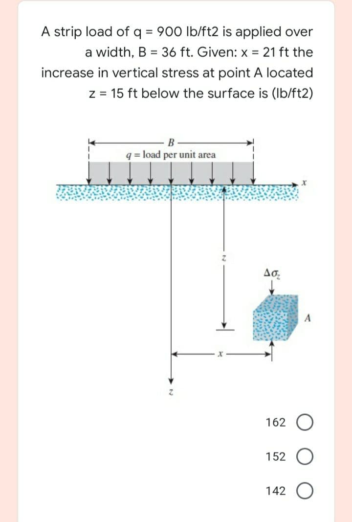 A strip load of q = 900 lb/ft2 is applied over
%3D
a width, B = 36 ft. Given: x = 21 ft the
%3D
increase in vertical stress at point A located
z= 15 ft below the surface is (Ib/ft2)
B
q = load per unit area
Δα
162 O
152
142 O
