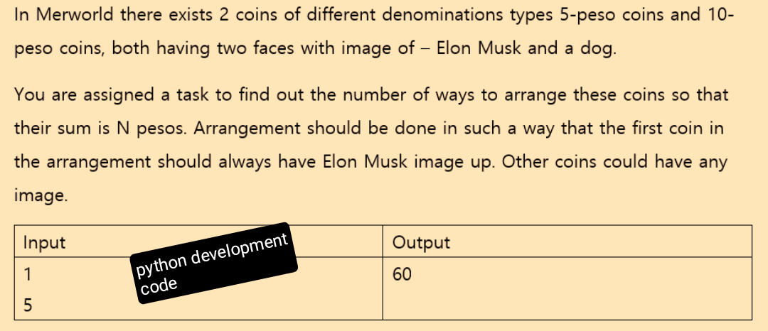 In Merworld there exists 2 coins of different denominations types 5-peso coins and 10-
peso coins, both having two faces with image of Elon Musk and a dog.
You are assigned a task to find out the number of ways to arrange these coins so that
their sum is N pesos. Arrangement should be done in such a way that the first coin in
the arrangement should always have Elon Musk image up. Other coins could have any
image.
Input
1
5
-
python development
code
Output
60