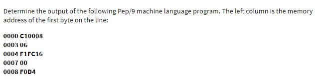Determine the output of the following Pep/9 machine language program. The left column is the memory
address of the first byte on the line:
0000 C10008
0003 06
0004 F1FC16
0007 00
0008 F0D4