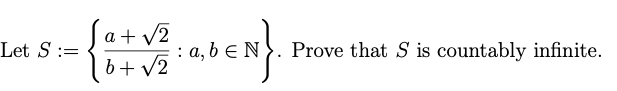 Let S =
a + √2
b+ √2
: a, b EN. Prove that S is countably infinite.
NJ.