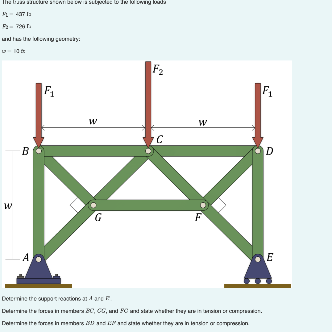 The truss structure shown below is subjected to the following loads
F1= 437 lb
F2= 726 lb
and has the following geometry:
w = 10 ft
F2
F1
F1
W
W
-B
D
G.
F
-AC
E
Determine the support reactions at A and E.
Determine the forces in members BC, CG, and FG and state whether they are in tension or compression.
Determine the forces in members ED and EF and state whether they are in tension or compression.

