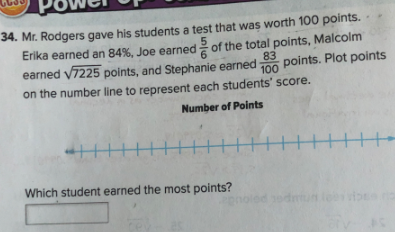 34. Mr. Rodgers gave his students a test that was worth 100 points.
Erika earned an 84%, Joe earned of the total points, Malcolm
earned v7225 points, and Stephanie earned
83
100
on the number line to represent each students' score.
points. Plot points
Number of Points
Which student earned the most points?
