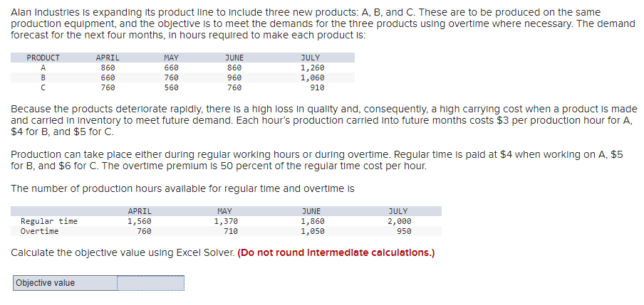 Alan Industries is expanding its product line to include three new products: A, B, and C. These are to be produced on the same
production equipment, and the objective is to meet the demands for the three products using overtime where necessary. The demand
forecast for the next four months, in hours required to make each product is:
PRODUCT
A
B
с
APRIL
860
660
760
Objective value
MAY
660
760
560
JUNE
860
960
760
Because the products deteriorate rapidly, there is a high loss in quality and, consequently, a high carrying cost when a product is made
and carried in Inventory to meet future demand. Each hour's production carried into future months costs $3 per production hour for A,
$4 for B, and $5 for C.
APRIL
1,560
760
Production can take place either during regular working hours or during overtime. Regular time is paid at $4 when working on A, $5
for B, and $6 for C. The overtime premium is 50 percent of the regular time cost per hour.
The number of production hours available for regular time and overtime is
JULY
1,260
1,060
910
MAY
1,370
710
JUNE
1,860
1,050
Regular time
Overtime
JULY
2,000
950
Calculate the objective value using Excel Solver. (Do not round intermediate calculations.)