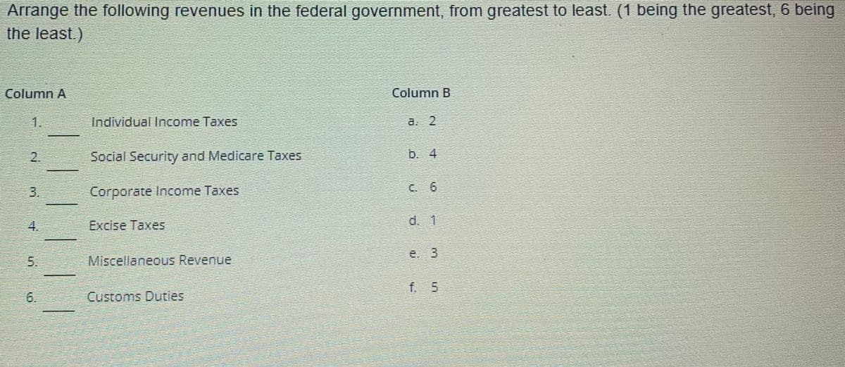 Arrange the following revenues in the federal government, from greatest to least. (1 being the greatest, 6 being
the least.)
Column A
2.
3.
4.
5.
6.
Individual Income Taxes
Social Security and Medicare Taxes
Corporate Income Taxes
Excise Taxes
Miscellaneous Revenue
Customs Duties
Column B
ww
2
d. 1
qu
m
f. 5