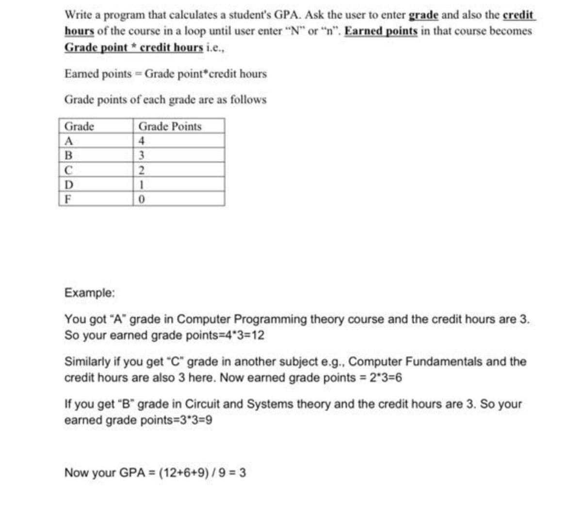Write a program that calculates a student's GPA. Ask the user to enter grade and also the credit
hours of the course in a loop until user enter "N" or "n". Earned points in that course becomes
Grade point * credit hours i.e.,
Eamed points Grade point credit hours
Grade points of each grade are as follows
Grade Points
4
3.
2
Grade
B
C
Example:
You got "A" grade in Computer Programming theory course and the credit hours are 3.
So your earned grade points-4 3=12
Similarly if you get "C" grade in another subject e.g., Computer Fundamentals and the
credit hours are also 3 here. Now earned grade points = 2*3=6
If you get "B" grade in Circuit and Systems theory and the credit hours are 3. So your
earned grade points=3"3=9
Now your GPA = (12+6+9) /9 = 3
