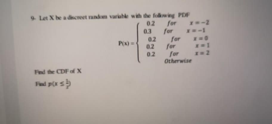 9. Let X be a discreet random variable with the folkwing PDF
0.2
for x=-2
for
0.2
0.3
x=-1
for I=0
for
for
Otherwise
P(x) =
%3D
0.2
0.2
1= 2
Find the CDF of X
Find p(x s
