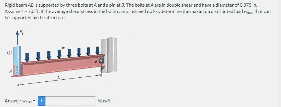 Rigid beam AB is supported by three bolts at A and a pin at B. The bolts at A are in double shear and have a diameter of 0.375 in.
Assume L = 7.0 ft. If the average shear stress in the bolts cannot exceed 60 ksi, determine the maximum distributed load wmax that can
be supported by the structure.
(1)
Answer: Wmax=
i
L
kips/ft