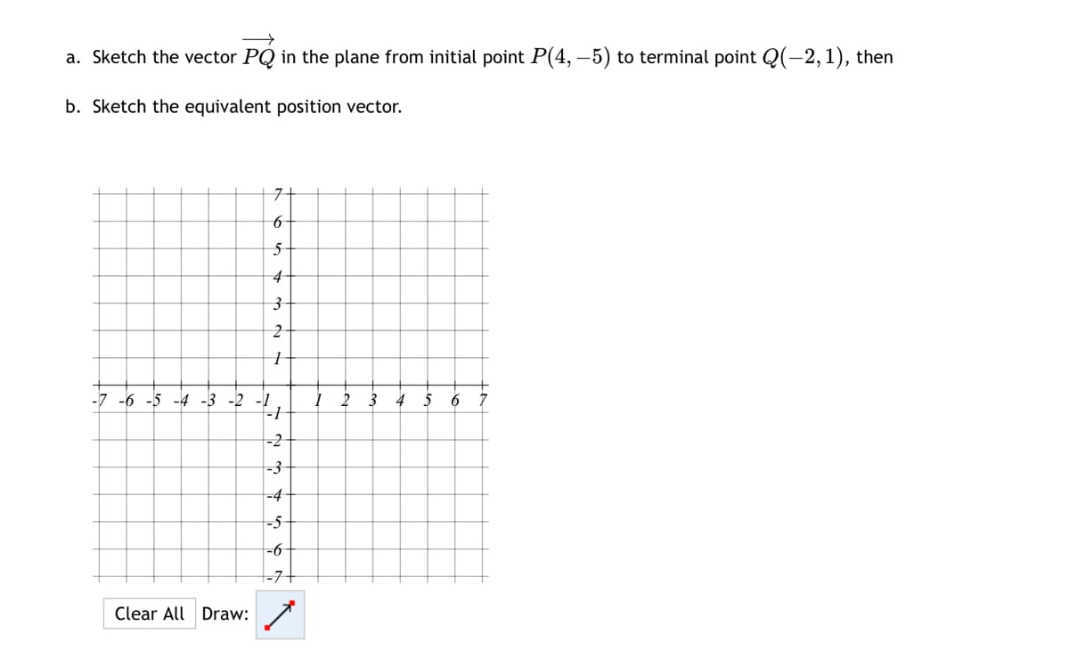 a. Sketch the vector PQ in the plane from initial point P(4, -5) to terminal point Q(-2, 1), then
b. Sketch the equivalent position vector.
7
65432
-7-6-5-4-3
2
1
5 6
-1
-2
-3
-4
-5
-6
-7
Clear All Draw: