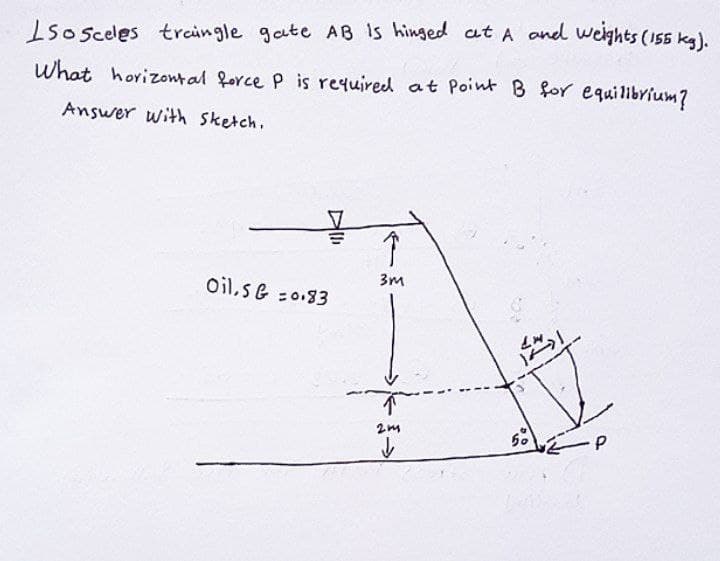 Isosceles traingle gate AB is hinged at A and weights (155 kg).
What horizontal force P is required at Point B for equilibrium?
Answer with Sketch.
Oil.s&=0.83
3m
↑
214
↓
50
·P