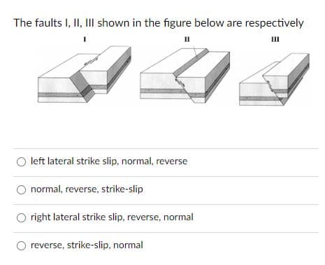 The faults I, II, III shown in the figure below are respectively
I
II
III
left lateral strike slip, normal, reverse
normal, reverse, strike-slip
right lateral strike slip, reverse, normal
reverse, strike-slip, normal