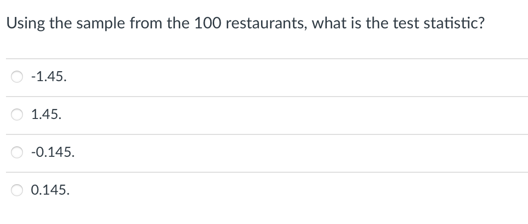 Using the sample from the 100 restaurants, what is the test statistic?
-1.45.
1.45.
-0.145.
0.145.
