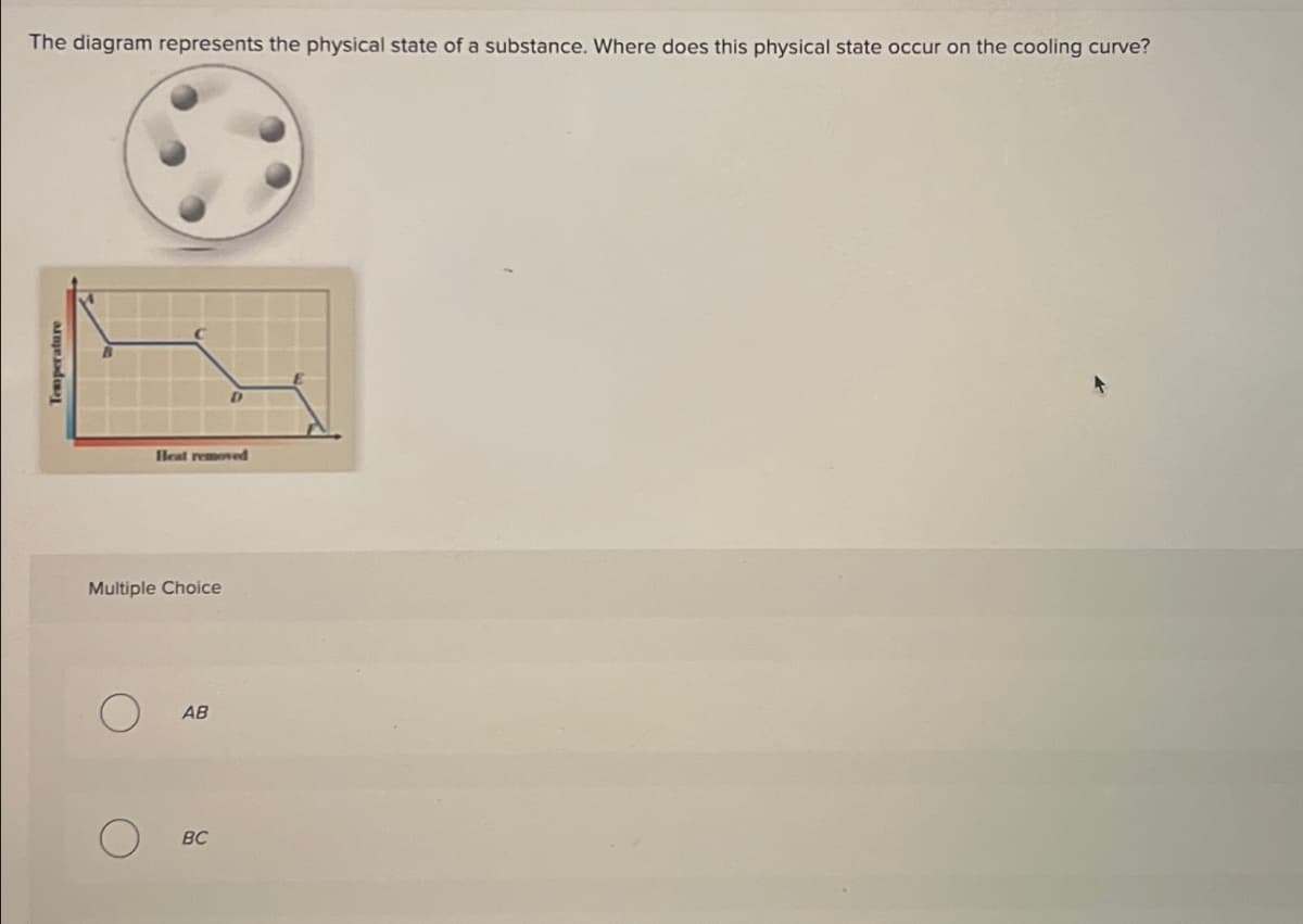 Temperature
The diagram represents the physical state of a substance. Where does this physical state occur on the cooling curve?
Heat removed
Multiple Choice
О
О
BC
AB