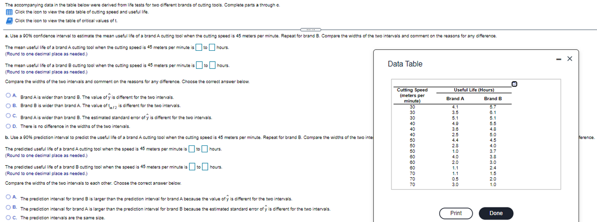 The accompanying data in the table below were derived from life tests for two different brands of cutting tools. Complete parts a through c.
E Click the icon to view the data table of cutting speed and useful life.
E Click the icon to view the table of critical values of t.
a. Use a 90% confidence interval to estimate the mean useful life of a brand A cutting tool when the cutting speed is 45 meters per minute. Repeat for brand B. Compare the widths of the two intervals and comment on the reasons for any difference.
The mean useful life of a brand A cutting tool when the cutting speed is 45 meters per minute is to hours.
(Round to one decimal place as needed.)
The mean useful life of a brand B cutting tool when the cutting speed is 45 meters per minute is to hours.
Data Table
(Round to one decimal place as needed.)
Compare the widths of the two intervals and comment on the reasons for any difference. Choose the correct answer below.
Useful Life (Hours)
Cutting Speed
(meters per
minute)
O A
Brand A is wider than brand B. The value of y is different for the two intervals.
Brand A
Brand B
O B. Brand B is wider than brand A. The value of t/2 is different for the two intervals
30
4.1
5.7
30
3.5
6.1
OC. Brand A is wider than brand B. The estimated standard error of y is different for the two intervals.
30
5.1
5.1
40
4.9
5.5
O D. There is no difference in the widths of the two intervals.
40
3.6
4.8
40
2.5
5.0
b. Use a 90% prediction interval to predict the useful life of a brand A cutting tool when the cutting speed is 45 meters per minute. Repeat for brand B. Compare the widths of the two inte
ference.
50
4.4
4.5
50
2.8
4.0
The predicted useful life of a brand A cutting tool when the speed is 45 meters per minute is to hours.
50
1.0
3.7
(Round to one decimal place as needed.)
60
4.0
3.8
60
2.0
3.0
to hours.
The predicted useful life of a brand B cutting tool when the speed is 45 meters per minute is
(Round to one decimal place as needed.)
60
1.1
2.4
70
1.1
1.5
70
0.5
2.0
Compare the widths of the two intervals to each other. Choose the correct answer below.
70
3.0
1.0
A.
O A. The prediction interval for brand B is larger than the prediction interval for brand A because the value of y is different for the two intervals.
O B. The prediction interval for brand A is larger than the prediction interval for brand B because the estimated standard error of y is different for the two intervals
Print
Done
O C. The prediction intervals are the same size.
