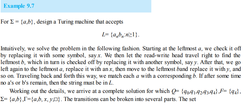 Example 9.7
For E = {a,b}, design a Turing machine that accepts
L= {a,b„:n21}.
Intuitively, we solve the problem in the following fashion. Starting at the leftmost a, we check it off
by replacing it with some symbol, say x. We then let the read-write head travel right to find the
leftmost b, which in turn is checked off by replacing it with another symbol, say y. After that, we go
left again to the leftmost a, replace it with an x, then move to the leftmost band replace it with y, and
so on. Traveling back and forth this way, we match each a with a corresponding b. If after some time
no a's or b's remain, then the string must be in L.
Working out the details, we arrive at a complete solution for which Q= {qo91;9293,94},F= {q4},
E= {a,b},T={a,b, x, y,¤}. The transitions can be broken into several parts. The set
