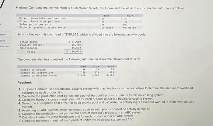 Book
Print
erences
Harbour Company makes two models of electronic tablets, the Home and the Work. Basic production information follows:
Direct materials cost per unit
Direct labor cost per unit
Sales price per unit
Expected production per month
Harbour has monthly overhead of $190,025, which is divided into the following activity pools:
Setup costs
Quality control
Maintenance
Total
$ 77,080
66,445
46,500
$ 190,025
Number of setups
Number of inspections
Number of machine hours
Home
36
Home
350
1,400
$ 40
18
356
760 units
The company also has compiled the following information about the chosen cost drivers:
Work
58
335
1,700
Work
Total
94
685
3,100
$ 67
31
583
400 units
Required:
1. Suppose Harbour uses a traditional costing system with machine hours as the cost driver. Determine the amount of overhead
assigned to each product line.
2. Calculate the production cost per unit for each of Harbour's products under a traditional costing system.
3. Calculate Harbour's gross margin per unit for each product under the traditional costing system.
4. Select the appropriate cost driver for each activity pool and calculate the activity rages if Harbour wanted to implement an ABC
system.
5. Assuming an ABC system, assign overhead costs to each product based on activity demands.
6. Calculate the production cost per unit for each of Harbour's products in an ABC system.
7. Calculate Harbour's gross margin per unit for each product under an ABC system.
8. Compare the gross margin of each product under the traditional system and ABC.