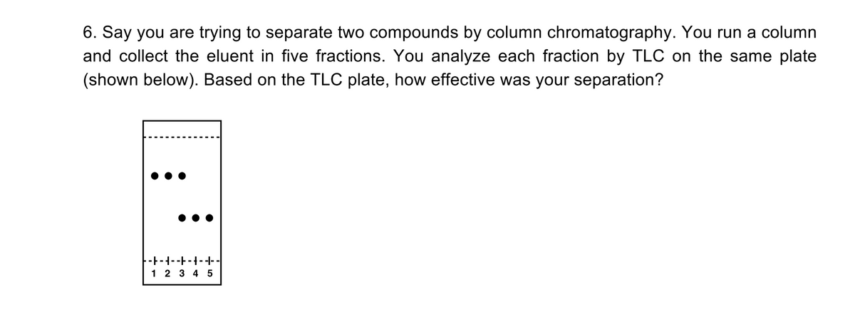 6. Say you are trying to separate two compounds by column chromatography. You run a column
and collect the eluent in five fractions. You analyze each fraction by TLC on the same plate
(shown below). Based on the TLC plate, how effective was your separation?
-------1---
1 2 3 4 5
