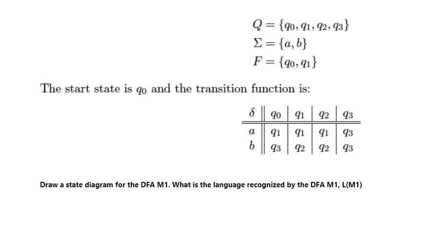 Q = {40, 41, 92, 93}
E = {a, b}
F = {q0, 41}
%3D
The start state is go and the transition function is:
8 90 91
92
93
a
91
91
93
93
92
92 93
Draw a state diagram for the DFA M1. What is the language recognized by the DFA M1, L(M1)
