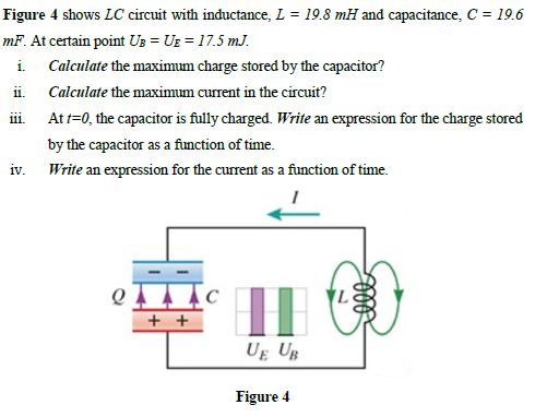 Figure 4 shows LC circuit with inductance, L = 19.8 mH and capacitance, C = 19.6
mF. At certain point Us = Ug = 17.5 mJ.
i. Calculate the maximum charge stored by the capacitor?
ii.
Calculate the maximum current in the circuit?
iii. At t=0, the capacitor is fully charged. Write an expression for the charge stored
by the capacitor as a function of time.
iv.
Write an expression for the current as a function of time.
+ +
Ug UB
Figure 4
