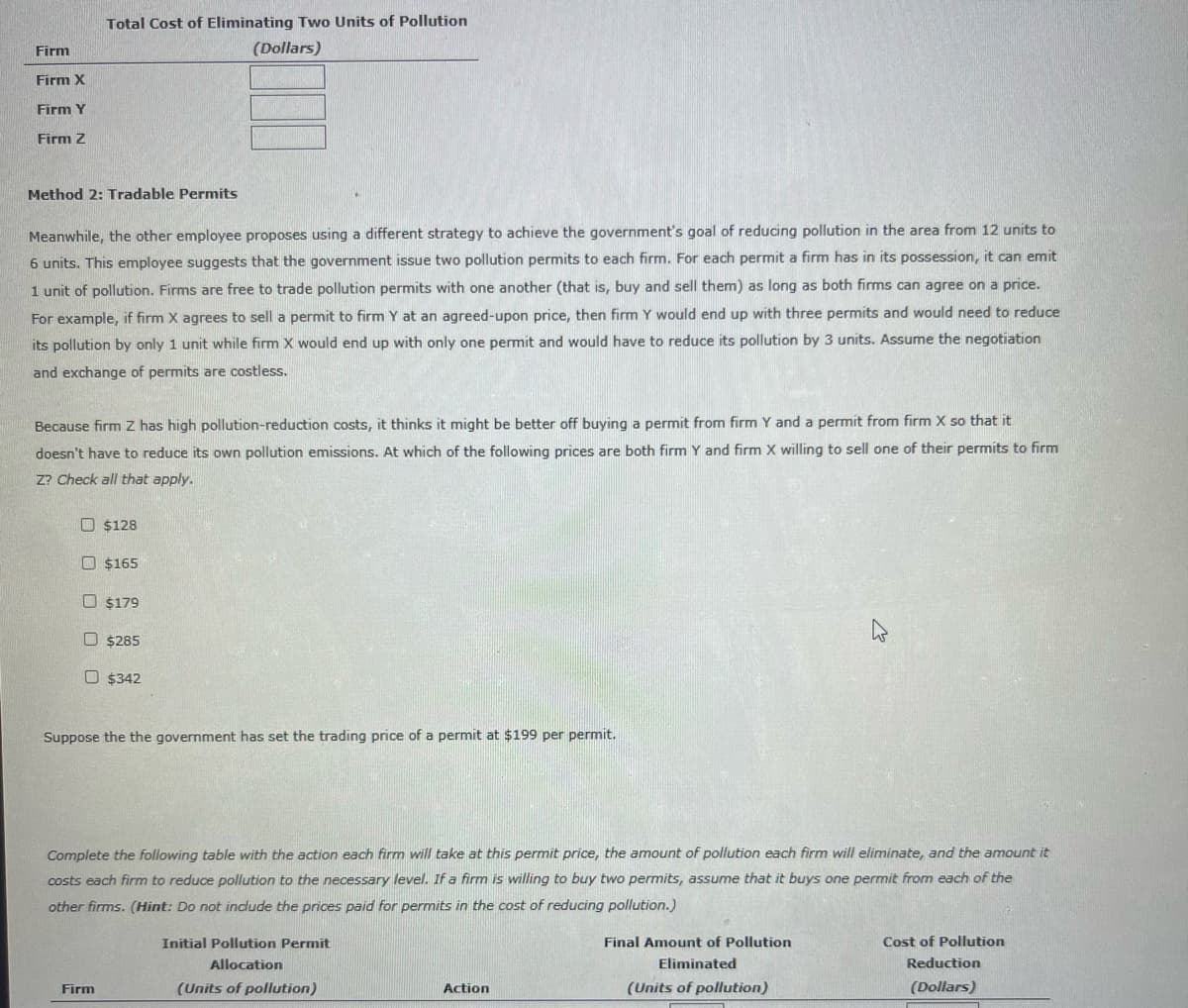 Total Cost of Eliminating Two Units of Pollution
Firm
(Dollars)
Firm X
Firm Y
Firm Z
Method 2: Tradable Permits
Meanwhile, the other employee proposes using a different strategy to achieve the government's goal of reducing pollution in the area from 12 units to
6 units. This employee suggests that the government issue two pollution permits to each firm. For each permit a firm has in its possession, it can emit
1 unit of pollution. Firms are free to trade pollution permits with one another (that is, buy and sell them) as long as both firms can agree on a price.
For example, if firm X agrees to sell a permit to firm Y at an agreed-upon price, then firm Y would end up with three permits and would need to reduce
its pollution by only 1 unit while firm X would end up with only one permit and would have to reduce its pollution by 3 units. Assume the negotiation
and exchange of permits are costless.
Because firm Z has high pollution-reduction costs, it thinks it might be better off buying a permit from firm Y and a permit from firm X so that it
doesn't have to reduce its own pollution emissions. At which of the following prices are both firm Y and firm X willing to sell one of their permits to firm
Z? Check all that apply.
O $128
O $165
O $179
O $285
O $342
Suppose the the government has set the trading price of a permit at $199 per permit.
Complete the following table with the action each firm will take at this permit price, the amount of pollution each firm will eliminate, and the amount it
costs each firm to reduce pollution to the necessary level. If a firm is willing to buy two permits, assume that it buys one permit from each of the
other firms. (Hint: Do not indude the prices paid for permits in the cost of reducing pollution.)
Initial Pollution Permit
Final Amount of Pollution
Cost of Pollution
Allocation
Eliminated
Reduction
Firm
(Units of pollution)
Action
(Units of pollution)
(Dollars)
