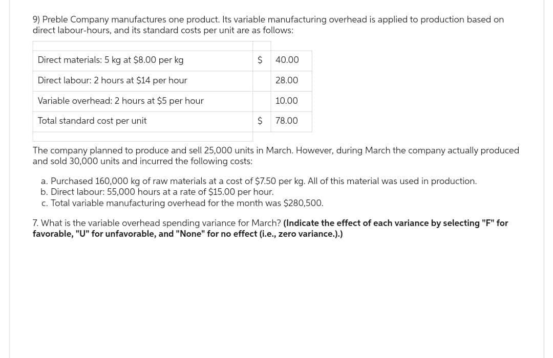 9) Preble Company manufactures one product. Its variable manufacturing overhead is applied to production based on
direct labour-hours, and its standard costs per unit are as follows:
Direct materials: 5 kg at $8.00 per kg
Direct labour: 2 hours at $14 per hour
Variable overhead: 2 hours at $5 per hour
Total standard cost per unit
$
$
40.00
28.00
10.00
78.00
The company planned to produce and sell 25,000 units in March. However, during March the company actually produced
and sold 30,000 units and incurred the following costs:
a. Purchased 160,000 kg of raw materials at a cost of $7.50 per kg. All of this material was used in production.
b. Direct labour: 55,000 hours at a rate of $15.00 per hour.
c. Total variable manufacturing overhead for the month was $280,500.
7. What is the variable overhead spending variance for March? (Indicate the effect of each variance by selecting "F" for
favorable, "U" for unfavorable, and "None" for no effect (i.e., zero variance.).)