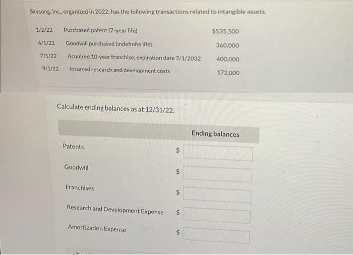 Skysong, Inc., organized in 2022, has the following transactions related to intangible assets.
1/2/22 Purchased patent (7-year life)
4/1/22
7/1/22
9/1/22
Goodwill purchased (indefinite life)
Acquired 10-year franchise; expiration date 7/1/2032
Incurred research and development costs
Calculate ending balances as at 12/31/22.
Patents
Goodwill
Franchises
Research and Development Expense
Amortization Expense
$
$535,500
360,000
400,000
172,000
Ending balances