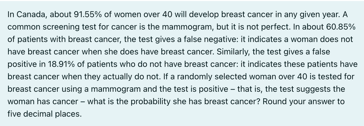 In Canada, about 91.55% of women over 40 will develop breast cancer in any given year. A
common screening test for cancer is the mammogram, but it is not perfect. In about 60.85%
of patients with breast cancer, the test gives a false negative: it indicates a woman does not
have breast cancer when she does have breast cancer. Similarly, the test gives a false
positive in 18.91% of patients who do not have breast cancer: it indicates these patients have
breast cancer when they actually do not. If a randomly selected woman over 40 is tested for
breast cancer using a mammogram and the test is positive - that is, the test suggests the
woman has cancer · what is the probability she has breast cancer? Round your answer to
five decimal places.