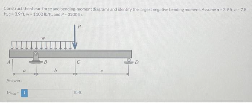 Construct the shear-force and bending-moment diagrams and identify the largest negative bending moment. Assume a-3.9 ft, b =7.8
ft, c-3.9 ft. w-1100 lb/ft, and P-3200 lb.
A
Answer:
Mmin
a
W
B
b
P
TTV
C
lb-ft
D