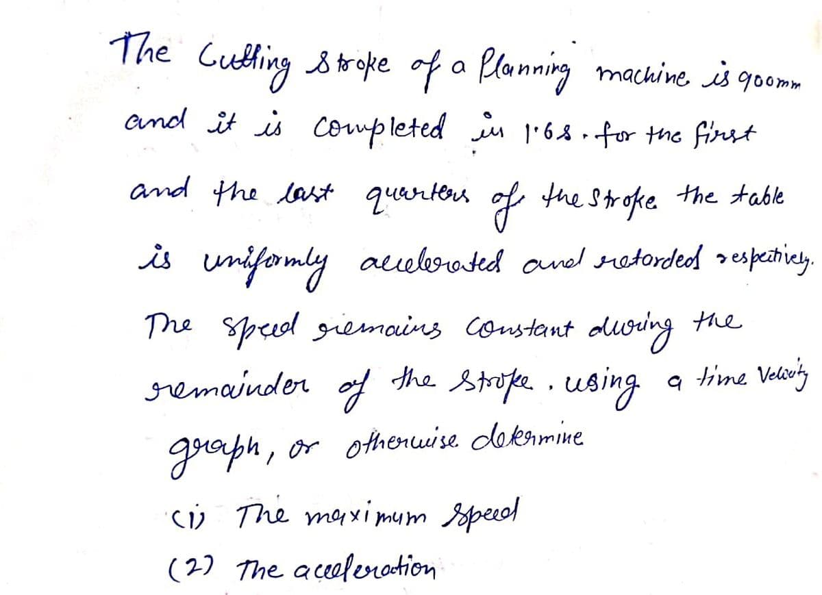 The
Cutling 8roke of a Plamning machine is qoom.
and it is completed in 168 - for the first
and the last quarters of the Stroke the table
is
s unifomly acelerated anel retorded >
sespectiay.
The speced giemains constant
odwring he
remainder of
the strofe .using
a time Velioy
graph, or othenwise dekamine
cü The maximum sspecd
(2) The aceelerodion
