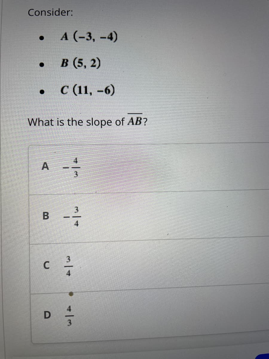 Consider:
●
●
What is the slope of AB?
A
A (-3,-4)
B (5,2)
C (11,-6)
B -²
C
D