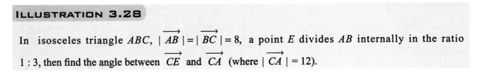 ILLUSTRATION 3.28
In isosceles triangle ABC, | AB |=| BC| = 8, a point E divides AB internally in the ratio
-
1:3, then find the angle between CE and CA (where | CA | = 12).