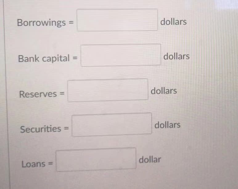 Borrowings =
dollars
Bank capital =
dollars
%3D
dollars
Reserves =
dollars
Securities
%3D
dollar
Loans =
%3D
