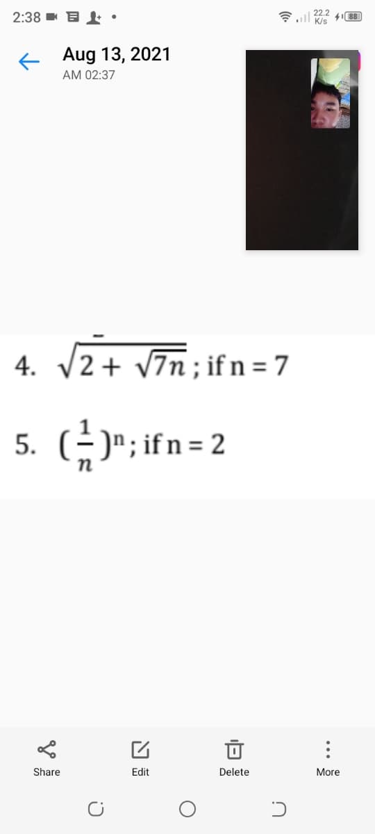 2:38 E : •
* ll Kis
22.2
488
+ Aug 13, 2021
AM 02:37
4. 2+ V7n; ifn = 7
5. (금)":ifn=2
Share
Edit
Delete
More
