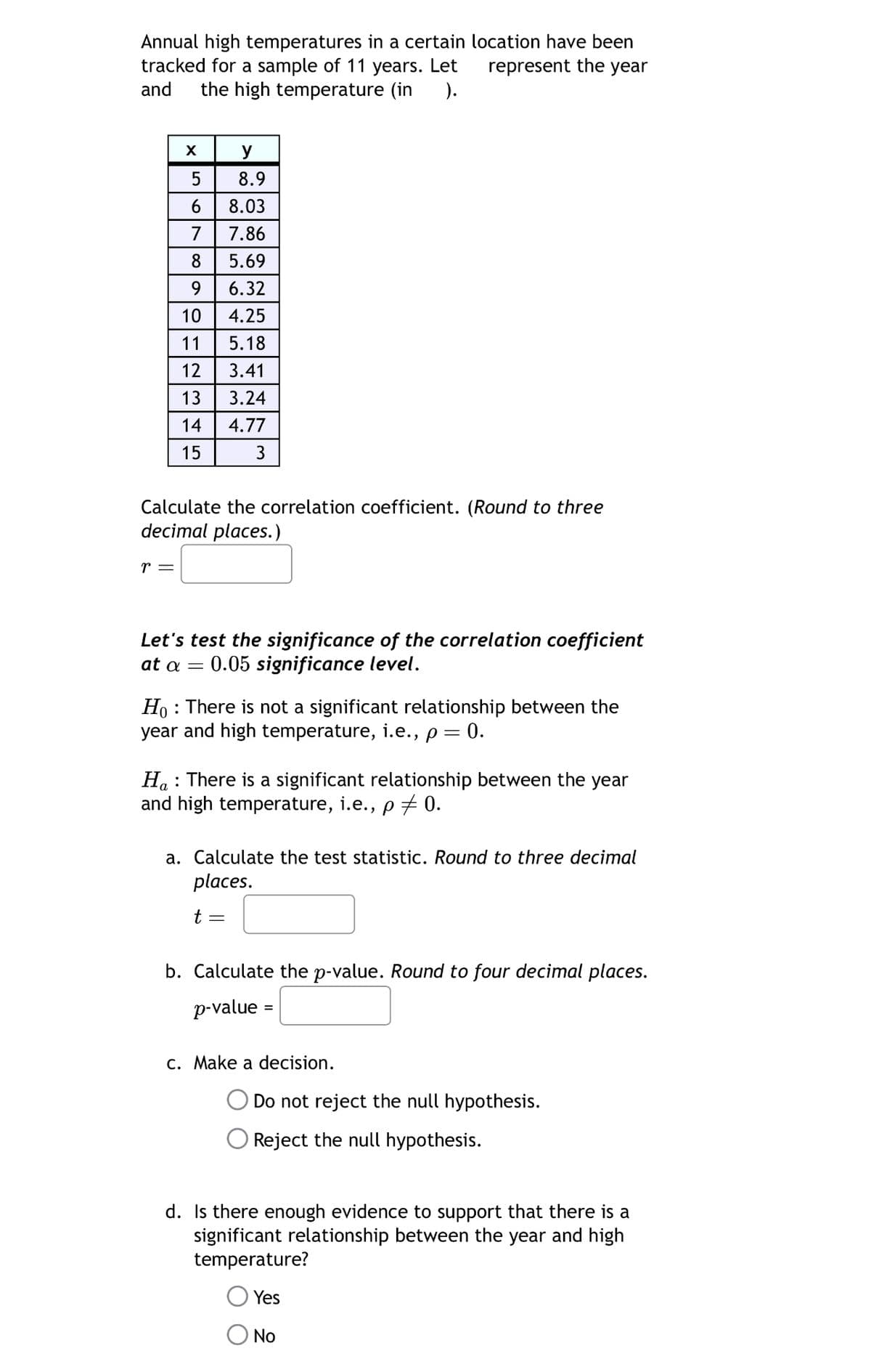 Annual high temperatures in a certain location have been
tracked for a sample of 11 years. Let
and the high temperature (in ).
represent the year
X
y
5
8.9
6 8.03
7 7.86
8
5.69
10
11
12
13
90123
6.32
4.25
5.18
3.41
3.24
14
4.77
15
3
Calculate the correlation coefficient. (Round to three
decimal places.)
r =
Let's test the significance of the correlation coefficient
at α = = 0.05 significance level.
Ho There is not a significant relationship between the
year and high temperature, i.e., p = 0.
Ha There is a significant relationship between the year
and high temperature, i.e., p = 0.
a. Calculate the test statistic. Round to three decimal
places.
t =
b. Calculate the p-value. Round to four decimal places.
p-value
c. Make a decision.
O Do not reject the null hypothesis.
Reject the null hypothesis.
d. Is there enough evidence to support that there is a
significant relationship between the year and high
temperature?
Yes
No
