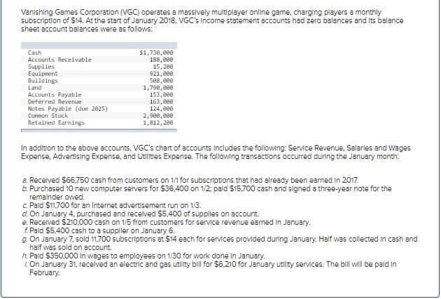 Vanishing Games Corporation (VGC) operates a massively multiplayer online game, charging players a monthly
subscription of $14. At the start of January 2018, VGC's Income statement accounts had zero balances and Its balance
sheet account balances were as follows:
Cash
$1,730, e00
188, e00
15, 200
921, e00
508, e00
1,798,e00
153,e00
163,e00
124,e00
2, 900, e00
1,812, 200
Accounts Receivable
Supplies
Equipment
Buildings
Land
Accounts Payable
Deferred Revenue
Notes Payable (due 2025)
Conmon Stock
Retained Earnings
In addition to the above accounts, VGC's chart of accounts Includes the following: Service Revenue, Salarles and Wages
Expense, Advertising Expense, and Utilities Expense. The following transactions occurred during the January month:
a. Recelved $66,750 cash from customers on 1/1 for subscriptions that had already been earned in 2017.
b. Purchased 10 new computer servers for $36,400 on 1/2: pald $15,700 cash and signed a three-year note for the
remalnder owed.
c. Pald $11.700 for an Internet advertisement run on 1/3.
d. On January 4. purchased and recelved $5,400 of supples on account.
e. Recelved $210,000 cash on 1/5 from customers for service revenue earned In January.
f. Paid $5.400 cash to a suppler on January 6.
g. On January 7, sold 11,700 subscriptions at $14 each for services provided during January. Half was collected in cash and
half was sold on account.
h. Paid $350,000 In wages to employees on 1/30 for work done In January.
1. On January 31, recelved an electric and gas utility bill for $6.210 for January utility services. The bill will be pald in
February.

