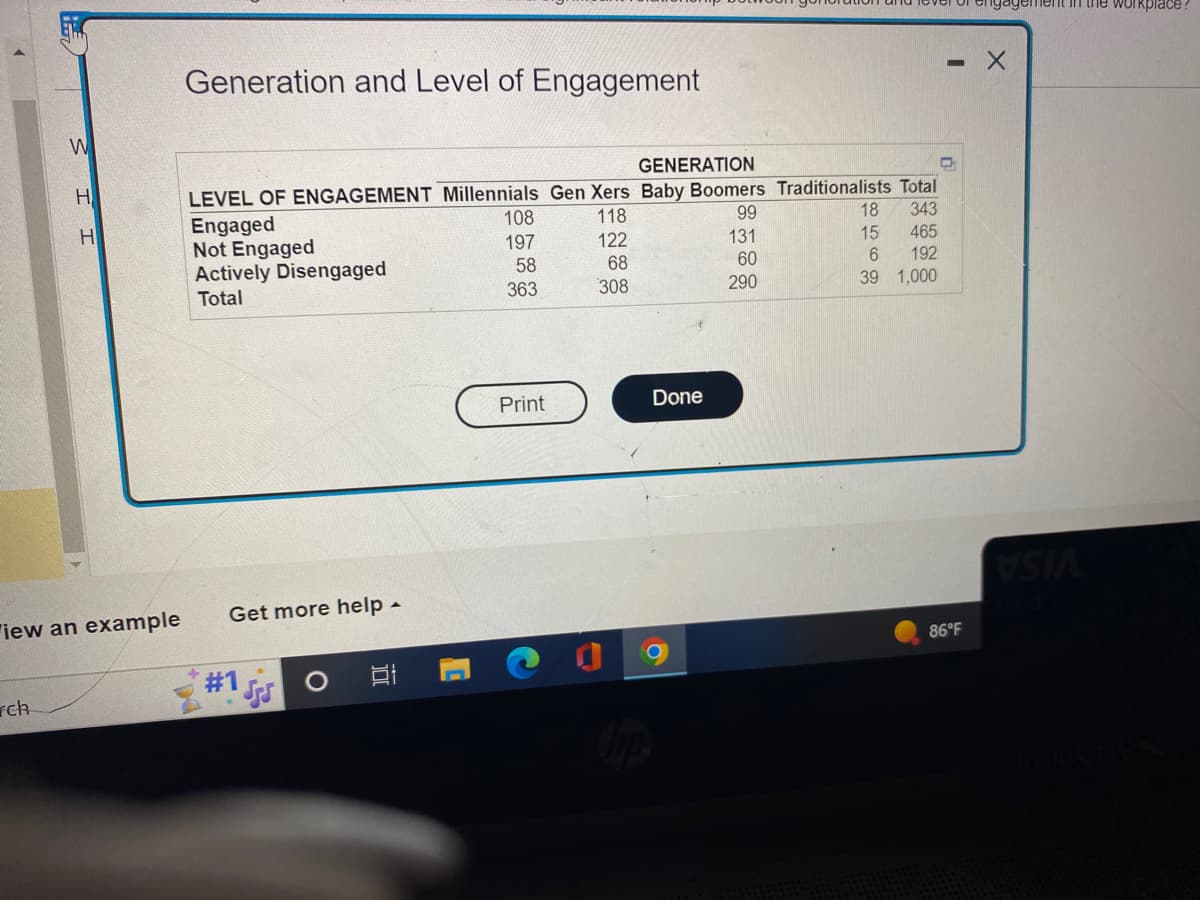 W
ch
H
H
iew an example
Generation and Level of Engagement
GENERATION
LEVEL OF ENGAGEMENT Millennials Gen Xers Baby Boomers Traditionalists Total
Engaged
118
343
465
122
192
68
1,000
308
Not Engaged
Actively Disengaged
Total
Get more help.
#1 SSS
[
108
197
58
363
Print
Done
99
131
60
290
18
15
6
39
- X
86°F
ment in the workplace:
VSIA