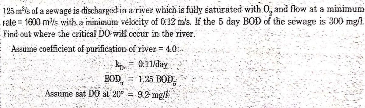 125 m³/s of a sewage is discharged in a river which is fully saturated with O, and flow at a minimum
Fate = 1600 m³/s with a minimum velocity of 0.12 m/s. If the 5 day BOD of the sewage is 300 mg/L.
Find out where the critical DO will occur in the river.
Assume coefficient of purification of river = 4.0
k₁ = 0.11/day
BOD
1.25.BOD
Assume sat DO at 20° = 9.2 mg/l