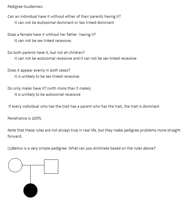 Pedigree Guidelines:
Can an individual have it without either of their parents having it?
It can not be Autosomal dominant or Sex linked dominant
Does a female have it without her father having it?
It can not be sex linked recessive.
Do both parents have it, but not all children?
It can not be autosomal recessive and it can not be sex linked recessive
Does it appear evenly in both sexes?
It is unlikely to be sex linked recessive
Do only males have it? (with more than 5 males)
It is unlikely to be autosomal recessive
If every individual who has the trait has a parent who has the trait, the trait is dominant
Penetrance is 100%
Note that these rules are not always true in real life, but they make pedigree problems more straight
forward.
(1)Below is a very simple pedigree. What can you eliminate based on the rules above?
OTO